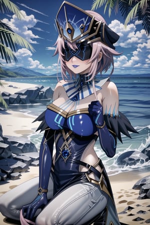 ((best quality)),  ((highly detailed)), (lisbeth, pink hair, hairclip, freckles) , masterpiece, 1girl,  evil smile:1.2, smug, seductive smile, solo, ,lips, makeup, ,standing,  ((blindfold, mask, eye mask)),MirrorMaiden, dress, cleavage, makeup, lipstick, ((blue lips:1.2)), blue headwear, hat, fur trim, blue gloves, gloves, elbow gloves, white pants,boots,  blush, beach, sand, water, posing, outdoors,<lora:659111690174031528:1.0>