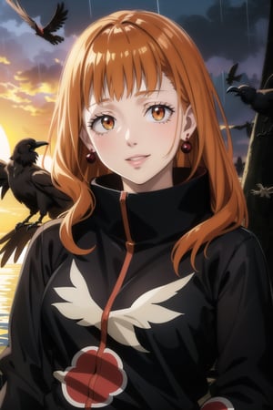 anime, hdr, soft light, ((best quality)), ((masterpiece)), (detailed), mimosa vermillion, wavy hair:1.2, red eyes, red earrings, red hair, orange hair, lips, makeup, head tilt, smile, (lips), (akatsuki outfit:1.2),high neck, high_collar, black dress, long sleeves, looking at viewer, upper body, dutch angle, village, (((crows))),sunset, rain, water drop, nature, ,akatsuki outfit, bird, crow, eagle, black feathers, bird on shoulder, sunset, orange sky, outdoors, upper body,fantasy00d,