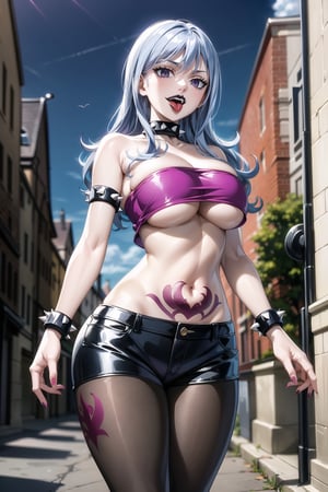 (masterpiece:), (best quality), highly detailed, beautiful detail, extremely delicate and beautiful, aajuvia, long hair, blue hair,  (lips), open mouth, tongue out, evil eyes, evil smile,  spiked collar, midriff, spiked armlet, black vest,  (tube top), (underboob), red top ,  latex clothes,  fishnet pantyhose, fishnet gloves, chains, black vest, denim short,   spiked bracelet, string, black top, RockOfSuccubus, large breasts, navel,(purple), cleavage, midriff, (tattoo:1.1), pubic tattoo,makeup, (colored skin:1.3),(black lips:1.3),(lipstick), (pale skin:1.5),  eyelashes, standing, facing viewer,  (street), scenery, nigth, sky, blurry background,depth of field,juviafisu,aajuvia