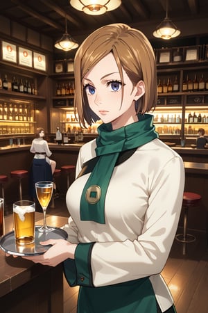 score_9, score_8_up, score_7_up, intricate details,1girl,  closed mouth, lips joo dee, scarf, hair ornament, holding tray:1.2, tray, alcohol, dutch angle, bar, cowboy shot:1.2, bar, table, customers, kugisaki nobara, brown hair,