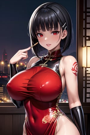 (best quality), (highly detailed), masterpiece, (official art),(suguha, short hair, black hair, bob cut, hairclip, hair ornament, blunt bangs),,red lips, lips:1.3, huge brest, makeup:1.4,(((black hair, wavy hair, red dress, red eyes,red china dress))), ((bare shoulder,sleeveless,latex,bodysuit)),,looking at viewer, china, asiática, city, night, sky, (intricately detailed, hyperdetailed), blurry background,depth of field, best quality, masterpiece, intricate details, tonemapping, sharp focus, hyper detailed, trending on Artstation,1 girl, high res, official art,chinese dress,tattoos