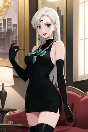 (best quality), (highly detailed), masterpiece, (official art),elizabeth, long hair, blue eyes, white hair, blunt bangs, single earring,, lips, smile, lipstick, makeup, evil smile,
((Forehead mark, crescent facial mark, black crystal earrings, jewelry)).  Dark  dress, black latex, black sleeveless dress, turtleneck_dress, short dress, elbow gloves, green gloves, thighhighs, large necklace, ((gemstone necklace:1.2)), standing,
Modern luxury lounge with dim lighting, featuring sleek black leather sofas, glass tables, and soft ambient lighting from wall sconces. A large window in the background reveals a city skyline at night, adding a touch of sophistication to the scene