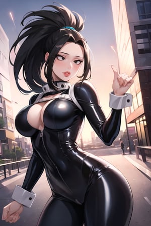 yaoyorozu momo, 1girl, black eyes, black hair, ponytail, long hair, hair pulled back, ,lips, boku no hero academia,  (((black bodysuit, ,latex))), unzipped, skin tight, outdoors, city, night, edge lighting,