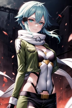 Highly detailed anime illustration of Sinon, standing confidently and looking directly at the viewer with a sly smile. Her short, blue hair, accented with a hair ornament and strands falling between her sharp, focused aqua eyes, adds to her striking appearance. Sinon’s outfit consists of a green cropped jacket, open at the front to reveal a white scarf fluttering slightly in the wind, paired with black fingerless gloves and short black shorts that complement her tactical look.

She holds a sleek sniper rifle with both hands, the weapon resting effortlessly against her body, ready for action. Her open jacket reveals just a hint of her toned midsection, adding a subtle contrast to the otherwise practical, combat-ready ensemble. The scene is set outdoors, with shadows emphasizing the tension in the air, her smile reflecting a calm yet intense readiness for whatever comes next.