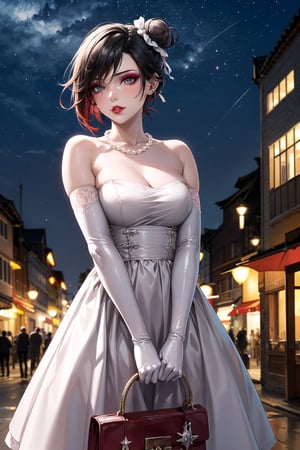 (best quality), (highly detailed), masterpiece, (official art), ,(ruby rose:1.2, hair bun:1.3), (makeup:1.5), (lips:1.3), parted_lips, blue earrings:1.3,jewelery:1.3,((long sleeves,  elbow gloves:1.2,dress, ribbon, ccollarbone, white dress:1.3,  pearl necklace:1.3, holding, holding bag, v arms:1.3, latex)), looking at viewer, china, asiática, city, night, sky,  (intricately detailed, hyperdetailed), blurry background,depth of field, best quality, masterpiece, intricate details, tonemapping, sharp focus, hyper detailed, trending on Artstation,1 girl, high res, official art,StandingAtAttention,bestiality