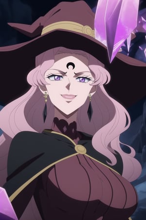 (best quality), (highly detailed), masterpiece, (official art), Vanessa, pink hair, purple eyes, long hair, bangs, witch hat, makeup, ((forehead mark, crescent facial mark, black crystal earrings)), aged up, evil smile, lips, lipstick, posing, anime coloring, , A dark and mysterious female character inspired by the style of classic anime. She has an evil face with an evil smile, giving her an imposing and intimidating presence. The overall atmosphere is dark and mysterious, with a sense of power and control emanating from her posture.,