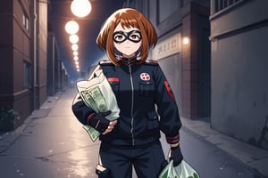 score_9, score_8_up, score_7_up, intricate details,1girl,  Ochako Uraraka, thief outfit, loose black jacket, cargo pants, wearing a domino mask, carrying a large money bag, exiting a bank vault, broken safe in the background, dark gloves, quick getaway, alarm lights flashing, dimly lit scene, red emergency lighting, cautious posture, money spilling from bag, night-time heist, dark alley, tense atmosphere,(ncursioDipDyedHair,red IncursioDipDyedHair