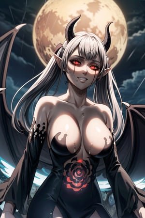 ((best quality)), ((highly detailed)), masterpiece, ((official art)),noelle_silva, bangs, silver hair, (twintails),looking at viewer, (demon girl:1.2), demon wings, (gray skin:1.3), grin, smirk, teeth, (chest tattoo:1.1),(red glowing), glowing eyes, (red eyes:1.2), (black sclera:1.35) ,colored sclera,parted lips, best quality, masterpiece, intricate details, scenary, outdoors, (rain:1.1), night, sky, moon, scenary, outdoors, night, sky, red_moon, bloody stream, intricately detailed, hyperdetailed, blurry background,depth of field, best quality, masterpiece, intricate details, tonemapping, sharp focus, hyper detailed, trending on Artstation,1 girl, high res, official art
