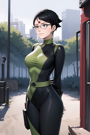 ((best quality)),  masterpiece,    sarada, black eyes, glasses, collar, earrings, jewelery, (microchip), cyberpunk, paris, ruin, water drop, (shegosuit) , (expressionless:1.2), smile, (arms behind back:1.2) , scenery,  blurry background, 1 girl,  high res,  official art,empty eyes