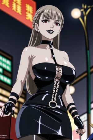 ((best quality)),  ((highly detailed)),  masterpiece,(Black lips:1.4), (white skin:1.4), ((official art)),  detailed face,  beautiful face, (cross-laced clothes:1.3), narrow_waist:1.3, dominatrix:1.4 , (intricate Black dress:1.4), (detailed eyes,  deep eyes),(science fiction, cyberpunk:1.3, street, shopping, dark background),((smirk, grin, naughty face, seductive smile, smug)) ,cowboy shot,(lips), (lawine, long hair, bangs,  brown hair, braid, low-tied long hair), (red eyes:1.3),   (spiked bracelet), corset:1.4,chinese dress:1.2, (intricate black earring:1.3), curvaceous, voluptuous body, (makeup:1.5) (lips:1.3), (latex),  (black tube top:1.2), gloves, fingerless gloves, skirt, black choker, belt, pencil skirt, pantyhose, miniskirt, (black skirt), black gloves, black legwear, black choker, Black nails,large breasts:1.2, conspicuous elegance, snobby, upper class elitist, possesses an arroaant charm. her Dresence commands attention and enw, (intricately detailed, hyperdetailed), blurry background, depth of field, best quality, masterpiece, intricate details, tonemapping, sharp focus, hyper detailed, trending on Artstation, 1 girl, solo, high res, official art,RockOfSuccubus,<lora:659111690174031528:1.0>