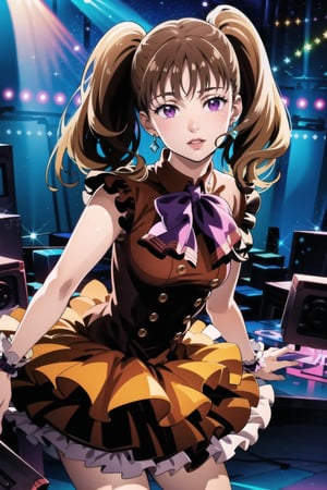 (best quality), (highly detailed), masterpiece, (official art),  diane,twintails, brown hair ,purple eyes, solo,  lips:1.2, beautiful 1girl wearing a earthy red (idol dress) ,layered skirt, frills, ribbon, bow, sequins, looking at viewer, (/nightclub scene, neon lights), , club, (nigth club), ,hd quality, perfect face ,realistic, realistic body , perfect face sync,night club,StandingAtAttention,marinette,night club,b1mb0,