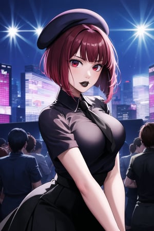 (best quality), (highly detailed), masterpiece, (official art), aakana, short hair, beret, red eyes, black headwear,, solo,  lips:1.2, black lips:1.4, lipstick:1.2, skirt, black neckktie, latex:1.2, pencil_skirt, shirt, standing, looking at viewer, white shirt, breasts, black skirt, looking at viewer, (/nightclub scene, neon lights), , club, (nigth club), ,hd quality, perfect face ,realistic, realistic body , perfect face sync,night club,StandingAtAttention,marinette,night club,b1mb0, 