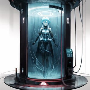 Here's a highly detailed sci-fi illustration of Sinon submerged in a stasis chamber within a futuristic laboratory:

In a cylindrical stasis chamber made of thick, transparent glass, reinforced with metallic bands and glowing circuitry that pulse with energy, Sinon floats effortlessly surrounded by delicate streams of bubbles rising to the surface. Her blue hair drifts around her, gently moving with the currents in the chamber as she lies serenely, eyes closed, expression peaceful.

The luminescent blue liquid casts an ethereal glow around her suspended form, while various wires and tubes are connected to the chamber, monitoring her vital signs and maintaining the stasis field. The glass is slightly fogged from condensation, adding a layer of realism to the scene.

Outside the chamber, shadowy figures of scientists and researchers can be seen through the glass, observing and recording data. Their faces are obscured, adding a sense of mystery and unease to the scene. The lab itself is vast, with other chambers visible in the background, each containing different subjects, hinting at a larger, possibly sinister experiment.

Sinon's attire is minimal, designed for stasis, with her body partially covered by form-fitting, translucent fabric that allows for the monitoring of her physical state. Her skin is pale, contrasting with the deep blue of the liquid. A soft halo of light surrounds her head, signifying the delicate balance of the stasis.

The overall atmosphere is eerie and clinical, with the sense of time being suspended, emphasizing the isolation and vulnerability of Sinon as she lies dormant in this advanced, yet unsettling, environment.