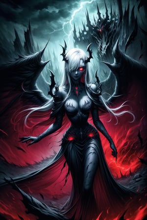 Elizabeth, white hair,hair_over_eye ,lips, ruler of hell, black wings,darkness wings,wings,demon wings,stands as a malevolent dictator, her long hair flowing like darkness itself, gradient from white to dark, framing her cold gaze. Her elaborate gown, adorned with sinister symbols and glowing red accents, reflects her dominance and cruelty. The background features a hellish landscape: rivers of lava, jagged rocks, tormented souls, and dark clouds with lightning. Eerie, red and black glows illuminate the scene, capturing the dark and oppressive atmosphere of her dominion.,shadow