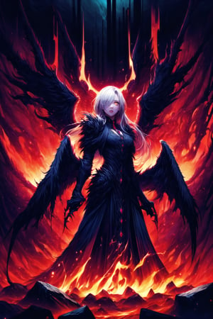 Elizabeth, white hair,hair_over_eye ,lips, ruler of hell, black wings,darkness wings,wings,demon wings,stands as a malevolent dictator, her long hair flowing like darkness itself, gradient from white to dark, framing her cold gaze. Her elaborate gown, adorned with sinister symbols and glowing red accents, reflects her dominance and cruelty. The background features a hellish landscape: rivers of lava, jagged rocks, tormented souls, and dark clouds with lightning. Eerie, red and black glows illuminate the scene, capturing the dark and oppressive atmosphere of her dominion.,shadow