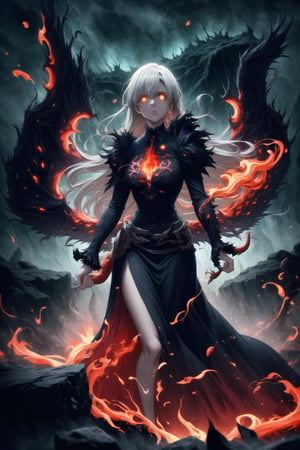 Wallpaper GFX of Elizabeth, ruler of hell, standing with malevolent authority. Her long black hair flows like tendrils of darkness, with a gradient shifting from white to deep black at the ends, giving a spectral effect. She wears a dark, elaborate gown adorned with glowing red symbols of cruelty and power. Her cold, piercing gaze is framed by her dark, demon wings, which spread wide, made of both black feathers and shadowy, ethereal mist. Behind her is a hellish landscape: rivers of glowing lava snake through jagged rocks, while tortured souls wail in the distance. The sky above is filled with dark clouds, crackling with red lightning that illuminates the scene in bursts. Around her, red and black glowing energy pulses and swirls, creating an ominous aura. The overall visual is accented by glowing embers, flickering flames, and smoky tendrils rising from the scorched earth, enhancing the atmosphere of dark dominion and power.