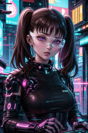 masterpiece,best quality,highres,ultra-detailed,diane, ((twintails)), purple eyes, brown hair, bangs,  ((hacker)), ,fishnets ,computer, monitor, wive, cable,(( cyberpunk)), indoors, neon nigth, ((Cyborg)), ((star wars)), chip, cyberpunk, collar, confident and curious gaze, futuristic cyberpunk hacker attire, high-tech bodysuit with glowing circuitry patterns, fingerless gloves and augmented reality glasses, underground hacker den, surrounded by screens displaying code and data, typing rapidly on a holographic keyboard, exuding intelligence and tech-savviness, cyberpunk and gritty atmosphere, dark color palette with neon highlights,((cyberpunk glasses)), 