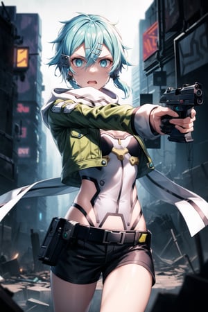 Sinon appears out of breath and agitated after a shootout. She has a surprised and scary expression, lips slightly parted, aiming her handgun directly at the viewer with arms outstretched. The background features a ruined cityscape with neon signs, broken buildings, and flickering lights, enhancing the cyberpunk atmosphere. The scene is lit with a mix of neon glows and dark shadows, emphasizing the chaotic and dystopian environment.
((Best quality)), masterpiece, Sinon1, (surprised:1.3), (scary:1.3), lips, aiming at viewer, holding pistol, ((Sinon, cyberpunk, hair ornament, hairclip)),, 1girl, bangs, belt pouch, black gloves, black shorts, blue eyes, blue hair, fingerless gloves, green jacket, green legwear, gun, hair between eyes, hair ornament, hairclip, highres, jacket, long sleeves, outdoors, handgun, scarf, shadow, short hair, short hair with long locks, short shorts, shorts, sidelocks, Sinon, pistol, solo, sword art online, weapon, Anime illustration, post-apocalyptic cyberpunk setting, cowboy shot.

