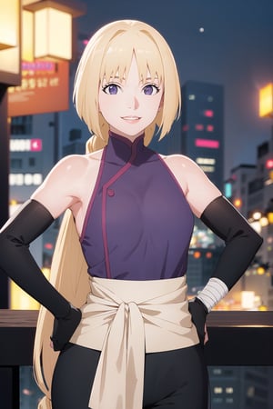 (best quality), (highly detailed), masterpiece, (official art),sumire kakei, posing, hand on hip, lips, (blonde hair), smile, long hair, ninja, elbow gloves, bandages, black pants, upper body, looking at viewer, city, night, sky, (intricately detailed, hyperdetailed), blurry background,depth of field, best quality, masterpiece, intricate details, tonemapping, sharp focus, hyper detailed, trending on Artstation,1 girl, high res, official art,b1mb0