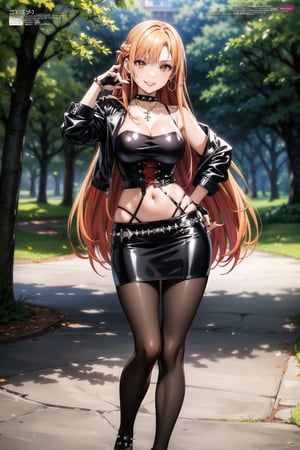 (best quality), (highly detailed), masterpiece, (official art), , aaasuna ,brown eyes, long hair, orange hair, (multicolores hair:1.2, red hair:1.2), smirk, grin, smile, cross-laced clothes,  (spiked bracelet),  necklace, corset,  bustier, park,  hoop earring, curvaceous,  voluptuous body,  navel, (makeup:1.3) (lips:1.3),  (seductive pose:1.2), (latex), (black top),  (black tube top:1.2), gloves,  fingerless gloves, jacket,  skirt,  black choker,  black leather jacket,  (dark jacket), belt,  pencil skirt,  pantyhose,  open jacket,  miniskirt,  (black skirt),  black gloves,  black legwear,  black choker,  medium breast,  standing, , (park), (tree), standing (intricately detailed,  hyperdetailed),  blurry background, depth of field,  best quality,  masterpiece,  intricate details,  tonemapping,  sharp focus, hyper detailed, trending on Artstation,1 girl, solo,high res,official art, 