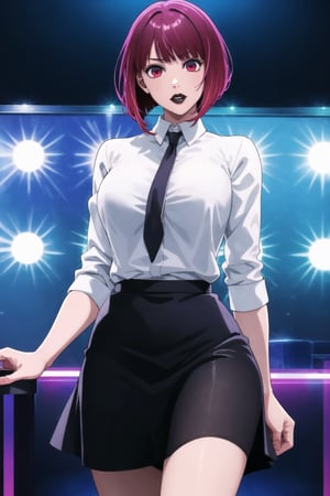 (best quality), (highly detailed), masterpiece, (official art), aakana, short hair,  red eyes, , solo,  lips:1.2, black lips:1.4, lipstick:1.2, skirt, black neckktie, latex:1.2, pencil_skirt, shirt, standing, looking at viewer, white shirt, breasts, black skirt, looking at viewer, (/nightclub scene, neon lights), , club, (nigth club), ,hd quality, perfect face ,realistic, realistic body , perfect face sync,night club,StandingAtAttention,marinette,night club,b1mb0, 