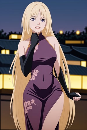 (best quality), (highly detailed), masterpiece, (official art),sumire kakei, posing, lips, (blonde hair), smile, ((long hair)), ((chinese dress, revealing dress, red dress)), elbow gloves,  looking at viewer, city, night, sky, (intricately detailed, hyperdetailed), blurry background,depth of field, best quality, masterpiece, intricate details, tonemapping, sharp focus, hyper detailed, trending on Artstation,1 girl, high res, official art,b1mb0,<lora:659111690174031528:1.0>