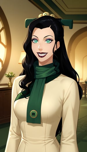 score_9, score_8_up, score_7_up, intricate details,1girl, Long hair, black hair, lipstick, asami,, indoors,joo dee, dress, scarf, hair ornament, grin, smile, lips, joo dee,  full body,long dress, green scarf, beige dress, teeth,makeup,wide-eyes, eyeshadow