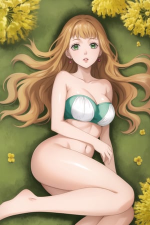 masterpiece, best quality, highres,Sexy, Mimosa Vermillion, dreamy green eyes, earrings, with astounding soft skin and soft pale body, body covered in mimosas flowers, (long brown wavy hair flowing around her until mid-thigs:1.05), sensual look, looking at you, lips, lying on a field of mimosas, fulll body, frontal view, strange fashion Women'sday_theme (Professional illustration)