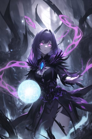 "Dark Sorceress noelle_silva Forbidden Power", noelle_silva, bangs, long silver hair, now twisted by dark magic, stands menacingly in her corrupted form. Her once-vibrant violet mage attire has transformed into a shadowy, tattered robe, pulsating with forbidden runes and dark flames. Her eyes glow with an ominous purple hue, and her expression is one of cruel dominance. In one hand, she clutches a cursed, blackened grimoire with glowing violet symbols that pulse with dark energy. Her other hand conjures an ominous ball of dark magic, swirling with shadowy tendrils and streaks of purple lightning.
The background is a dark, shattered void, filled with jagged cracks that leak sinister energy. Magic circles of forbidden glyphs spin around her, their deep purples and blacks contrasting against the darkened backdrop. Glistening, arcane chains twist and writhe in the air, like serpents of shadow, while forbidden runes and sigils shimmer in the darkness. Faint whispers of tortured souls emanate from the chaotic magical storm surrounding her. Streaks of corrupted purple flames and black smoke rise from the ground, engulfing the entire scene in a sense of forbidden power. Sharp, electric effects and glowing dark orbs hover in the air, as noelle_silva channels the full force of her dark sorcery. The entire image glows with an eerie, shadowy light, casting deep, high-contrast shadows, and creating a menacing, oppressive atmosphere.,