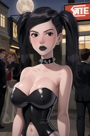 ((best quality)),  ((highly detailed)),  masterpiece,  ((official art)),(gwentennyson, (((twintails))), black hair:1.3),((black eyes, empty eyes,expressionless,hypnosis)), ((makeup,lipstick, black lips:1.2)),absurdres, (spiked collar:1.2),  dutch angle, coyboy shot, lips,  blush,  (black latex:1.3),  black dress:1.2,  miniskirt  ((bodyconf)),  bare shoulders,  ((tube top, navel, strapless)),  large breast,  looking at viewer,  street,  city,  nigth,  moon,  club,  (nigth club),  , hd quality,  perfect face , realistic,  realistic body,  perfect face sync,  , b1mb0,,,black lips