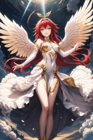 (best quality), (highly detailed), masterpiece, (official art), Rias Gremory as a serene angel, lips smile, with long flowing red hair and a delicate ahoge, luminous white wings spread wide behind her. She is wearing a simple, elegant white gown that flows gracefully around her, softly billowing as she floats in the sky. Rias stands with her arms gracefully open, as if welcoming you with a serene and benevolent presence, her yellow eyes. Rays of divine light shine down from the heavens, illuminating her figure, while she hovers among soft, glowing clouds. The sky is a serene blend of soft pastels, with golden rays breaking through, creating a heavenly and peaceful atmosphere. Her wings emit a gentle, ethereal light, adding to her angelic presence.