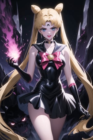 (best quality), (highly detailed), masterpiece, (official art),aausagi, double bun, twintails, parted bangs. blonde hair, makeup, forehead mark, crescent facial mark,  lipstick, black crystal earrings, aged up, sailor moon, black sailor, choker, red bow, black gloves, elbow gloves, blue skirt, latex, A dark and mysterious female character inspired by the style of classic anime. She has an evil face with an evil smile, giving her an imposing and intimidating presence. The overall atmosphere is dark and mysterious, with a sense of power and control emanating from her posture.