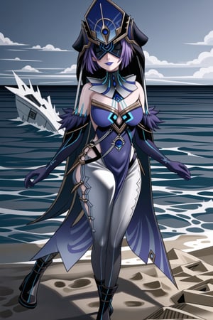 ((best quality)),  ((highly detailed)), (sumire kakei, long hair:1.2, purple hair) , masterpiece, 1girl,  evil smile:1.2, smug, seductive smile, solo, ,lips, makeup, ,standing,  ((blindfold, mask, eye mask)),MirrorMaiden, dress, cleavage, makeup, lipstick, ((blue lips:1.2)), blue headwear, hat, fur trim, blue gloves, gloves, elbow gloves, white pants,boots,  blush, beach, sand, water, posing, outdoors, ,MirrorMaiden,<lora:659111690174031528:1.0>