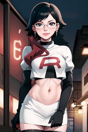 (best quality), (highly detailed), masterpiece, (official art), sarada, black eyes, jewelry, earrings , choker, glasses, swept bangs, posing, lips, smile, Team Rocket, cropped jacket, white jacket, crop top, jacket, gloves, black gloves, elbow gloves, navel, midriff, white skirt, miniskirt, skirt, thighhighs,, looking at viewer, china, asiática, city, night, sky, (intricately detailed, hyperdetailed), blurry background,depth of field, best quality, masterpiece, intricate details, tonemapping, sharp focus, hyper detailed, trending on Artstation,1 girl, high res, official art,sarada