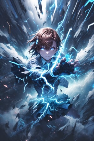 1girl, mikoto_misaka, short hair, brown hair, brown eyes, school_uniform, skirt, electricity, electric_discharge, standing, arms stretched forward, charging_attack, intense focused gaze, glowing electric energy in hands, electricity surging from fingertips, powerful shockwave forming, energy pulsing outward, GFX elements: electric aura, lightning strikes illuminating scene, neon blue electric arcs, charged particles suspended in the air, shattered ground below, glowing blue symbols floating in the air, sparks flying outwards, high-contrast lighting, intense blue flares, glowing mist around, lens flare effects from electricity, glowing circuits running through the air, cinematic energy pulse,aamikoto