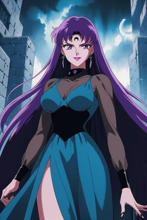 (best quality), (highly detailed), masterpiece, (official art), Saori Kido, long hair, purple hair, purple eyes, makeup, ((forehead mark, crescent facial mark, black crystal earrings)), aged up, evil smile, lips, lipstick, posing, anime coloring, ((black dress, long sleeves, see-through)), pink dress, side slit, A dark and mysterious female character inspired by the style of classic anime. She has an evil face with an evil smile, giving her an imposing and intimidating presence. The overall atmosphere is dark and mysterious, with a sense of power and control emanating from her posture.,1990s (style)