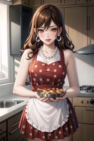 ((best quality)),  ((highly detailed)),  masterpiece,1girl, 1girl,  evil smile:1.2, smug, seductive smile, solo,   (Stepford),lips, makeup, lipstick,red lips, (pose:1.3),(polka dot:1.4), (polka dot dress:1.4),(pearl necklace:1.2), pearl bracelet, bare shoulders,(red dress:1.2),(aroused), blush ,standing,  (large pearl necklace), (hoop earrings:1.2),  (apron), blush,cowboy shot, fingernails, kitchen, cooking, indoors, house, windows, cortain, food, hori kyouko, brown hair, orange eyes