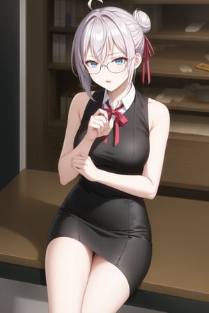 A close-up shot of alya, grey hair, blue eyes, hair between eyes, hair ribbon, red ribbon, ahoge, tShe looks elegant and professional. She is wearing a sleeveless, high-necked blouse, all black, which fits her figure in a stylish way. She pairs it with a high-waisted pencil skirt with a black and white geometric pattern, which gives her a modern and sophisticated touch. In addition, she wears dark-framed glasses that complement her office look. Her hair is tied up in a high bun, which adds an air of formality and professionalism to the outfit.