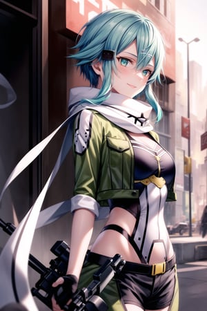 Highly detailed anime illustration of Sinon, standing confidently and looking directly at the viewer with a sly smile. Her short, blue hair, accented with a hair ornament and strands falling between her sharp, focused aqua eyes, adds to her striking appearance. Sinon’s outfit consists of a green cropped jacket, open at the front to reveal a white scarf fluttering slightly in the wind, paired with black fingerless gloves and short black shorts that complement her tactical look.

She holds a sleek sniper rifle with both hands, the weapon resting effortlessly against her body, ready for action. Her open jacket reveals just a hint of her toned midsection, adding a subtle contrast to the otherwise practical, combat-ready ensemble. The scene is set outdoors, with shadows emphasizing the tension in the air, her smile reflecting a calm yet intense readiness for whatever comes next.