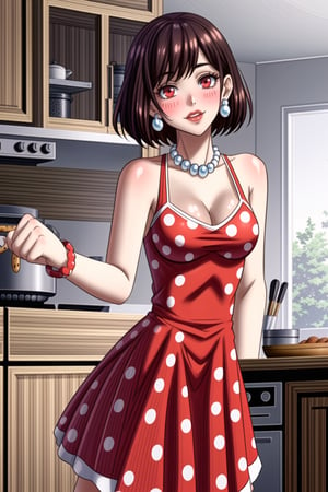 ((best quality)),  ((highly detailed)),  masterpiece,1girl, 1girl,  seductive smile, solo,   (Stepford),lips, makeup, lipstick,red lips, (pose),(polka dot:1.4), (polka dot dress:1.4),(pearl necklace:1.2), pearl bracelet, bare shoulders,(red dress:1.2),aroused, blush ,standing,  (large pearl necklace), (hoop earrings:1.2), looking at viewer, standing, cowboy shot, kitchen, cooking, indoors, house, windows, cortain, food ,RaeTaylor,red eyes, short hair, brown hair, ,<lora:659111690174031528:1.0>