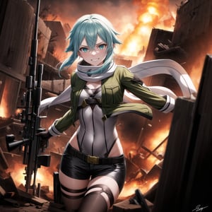 Highly detailed anime illustration of Sinon in the midst of a desolate battlefield, her blue hair whipping in the wind as she fires her sniper rifle with deadly precision. Her sharp aqua eyes, partially obscured by strands of hair, gleam with a twisted joy, and a sadistic smile spreads across her face, reflecting her dark pleasure in the chaos of combat.

sinon1 is dressed in her signature combat outfit: a green cropped jacket open at the front, revealing a white scarf that flutters as she moves. Her black shorts and fingerless gloves are practical for the fight, while her sniper rifle is held firmly, aimed with unwavering focus. The rifle's muzzle flashes brightly, illuminating the battlefield in sharp, cold light.

The surrounding environment is bleak and war-torn, with crumbling structures and a cloudy, dark sky overhead, adding to the tension and intensity of the scene. The ground is littered with debris, evidence of the ongoing conflict. Shadows and light play across her form, emphasizing her role as a hunter in this grim setting.

Despite the devastation around her, Sinon’s sadistic smile and the gleam in her eyes make it clear she relishes the battle, her laughter echoing amidst the destruction. Every shot she takes is precise, her enjoyment of the fight apparent in every detail of her expression and posture.

Key Details:

The sniper rifle is depicted in high detail, with visible muzzle flash and recoil captured mid-shot.
Sinon's expression is the focal point, her sadistic smile and bright, crazed eyes adding a layer of psychological depth.
The battlefield is grim, with dark, moody lighting that contrasts with the bright flashes of gunfire.
Her pose is dynamic, with the rifle held steady as she fires, her body language exuding confidence and delight in the violence.
The overall atmosphere is dark and intense, highlighting Sinon's enjoyment of the chaos and her role as a formidable sniper in the heat of battle.