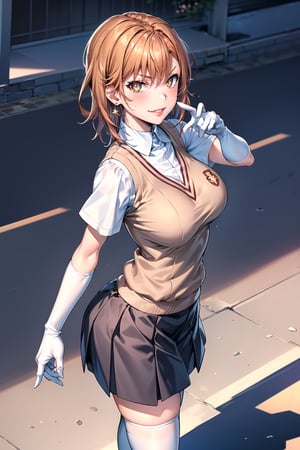 ((best quality)),  ((highly detailed)),  masterpiece,1girl, ((closed_mouth, sparkling_eyes, smug, shaded_face,evil smile)),(large breasts), tokiwadai school uniform, sweater vest, short sleeves, (((high heels))),((white gloves, elbow gloves)), pleated skirt, white thighhighs ,1girl, lips:1.3, red lips, makeup:1.3, ((gyaru)) ,jewelry, blush, earrings, looking at viewer, standing, cowboy shot, red hair, school, short hair, aamikoto ,hmmisaki,hypnoCollar,V-shaped eyebrows, 1girl, symbol-shaped pupils, +_+, 