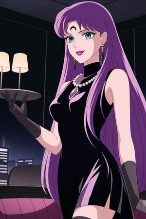 (best quality), (highly detailed), masterpiece, (official art),Saori Kido, long purple hair. blue eyes, bangs, lips, smile, lipstick, makeup,evil smile:1.2, holding tray, tray, alcohol, 
((Forehead mark, crescent facial mark, black crystal earrings, jewelry)).  Dark  dress, black latex, black sleeveless dress, turtleneck_dress, short dress, elbow gloves, green gloves, thighhighs, large necklace, ((gemstone necklace:1.2)), standing,
Modern luxury lounge with dim lighting, featuring sleek black leather sofas, glass tables, and soft ambient lighting from wall sconces. A large window in the background reveals a city skyline at night, adding a touch of sophistication to the scene