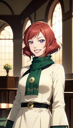 score_9, score_8_up, score_7_up, intricate details,1girl, lovelive_maki, nishikino maki, red hair, short hair, indoors,joo dee, dress, scarf, hair ornament, grin, smile, lips, cowboy shot, smirk, arms at sides, long slevees, holding tray, cowboy shot