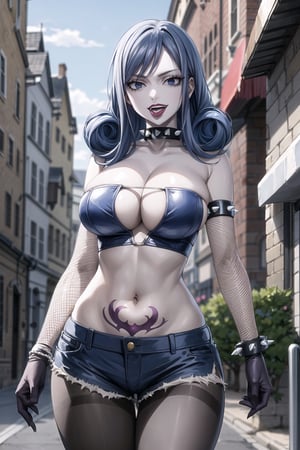 (masterpiece:), (best quality), highly detailed, beautiful detail, extremely delicate and beautiful, (juviarnd:1.2), blue hair, blue eyes, wavy_hair, (lips), open mouth, tongue out, evil eyes, evil smile,  spiked collar, midriff, spiked armlet, black vest,  (tube top), (underboob), red top ,  latex clothes,  fishnet pantyhose, fishnet gloves, chains, black vest, denim short,   spiked bracelet, string, black top, RockOfSuccubus, large breasts, navel,(purple), cleavage, midriff, (tattoo:1.1), pubic tattoo,makeup, (colored skin:1.3),(black lips:1.3),(lipstick), (pale skin:1.5),  eyelashes, standing, facing viewer,  (street), scenery, nigth, sky, blurry background,depth of field,juviafisu