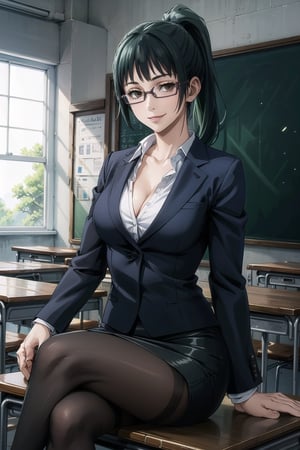 ((best quality)), ((highly detailed)), masterpiece, ((official art)),zenin_maki, green hair, ponytail, glasses, bangs, brown eyes, breasts, looking at viewer, smile, skirt, large breasts, shirt, long sleeves, cleavage, sitting, collarbone, jacket, white shirt, pantyhose, indoors, english text, formal, crossed legs, suit, desk, pencil skirt, classroom, chalkboard, on desk, teacher, skirt suit, sitting on desk, intricately detailed, hyperdetailed, blurry background,depth of field, best quality, masterpiece, intricate details, tonemapping, sharp focus, hyper detailed, trending on Artstation,1 girl, high res, official art,beautiful detailed eyes
