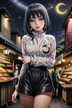 ((best quality)),  ((highly detailed)),  masterpiece,  ((official art)),  detailed face,  beautiful face ,(lips) , (detailed eyes,  deep eyes),(market, outdoor, lamp, chinese market. food, food market, people background, nigth, moon, space, star) ,cowboy shot, ,high society, pose:1.3, seductive smile, ,Saradauchiha,  1 girl,  (12 years old),  black hair,  short hair,  forehead protector,  red-rimmed glasses,  glasses,  (lips),(makeup:1.4), (((((white shirt, long sleeves, jewelry, earrings, shorts, nail polish, bracelet, short shorts, black shorts, crescent))))), curvaceous,  voluptuous body, large breast,  (intricately detailed, hyperdetailed), blurry background, depth of field, best quality, masterpiece, intricate details, tonemapping, sharp focus, hyper detailed, trending on Artstation, 1 girl, solo, high res, official art,<lora:659111690174031528:1.0>