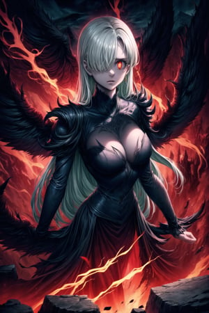 Elizabeth, white hair,hair_over_eye ,lips, ruler of hell, black wings,darkness wings,wings,demon wings,stands as a malevolent dictator, her long hair flowing like darkness itself, gradient from white to dark, framing her cold gaze. Her elaborate gown, adorned with sinister symbols and glowing red accents, reflects her dominance and cruelty. The background features a hellish landscape: rivers of lava, jagged rocks, tormented souls, and dark clouds with lightning. Eerie, red and black glows illuminate the scene, capturing the dark and oppressive atmosphere of her dominion.