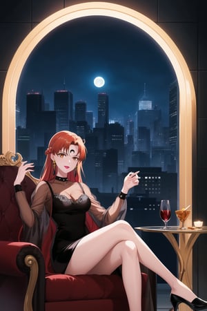 (best quality), (highly detailed), masterpiece, (official art), makeup, ((black moon, forehead mark, crescent facial mark, black crystal earrings)), jewelry, aged up, evil smile, lips, lipstick, asuna yuuki, long hair, orange hair, red hair, brown eyes, looking at viewer,  dress, jewelry, see-through, facial mark, moon,  aged up, forehead mark, crescent facial mark, crystal earrings,  sitting, crossed_legs_(sitting),
Modern luxury lounge with dim lighting, featuring sleek black leather sofas, glass tables, and soft ambient lighting from wall sconces. A large window in the background reveals a city skyline at night, adding a touch of sophistication to the scene,