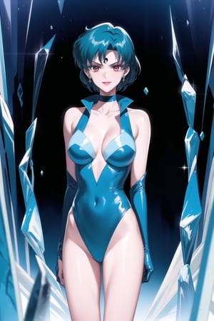 evil smile, red eyes, jewelry,  earrings, makeup, facial mark, lipstick,  forehead mark, crescent facial mark, crystal earrings,crescent, mer1, short hair, blue hair,  cleavage, jewelry, collarbone,  earrings, choker, leotard, bandages, blue leotard, blue choker, elbow gloves,highleg leotard, mizuno ami
(best quality), (highly detailed), masterpiece, (official art), A dark and mysterious female character inspired by classic anime style,  She has a cold, expressionless face with pale skin and dark, bold lips, giving her a commanding and intimidating presence.  The overall atmosphere is dark and mysterious, with a sense of power and control emanating from her poised stance.